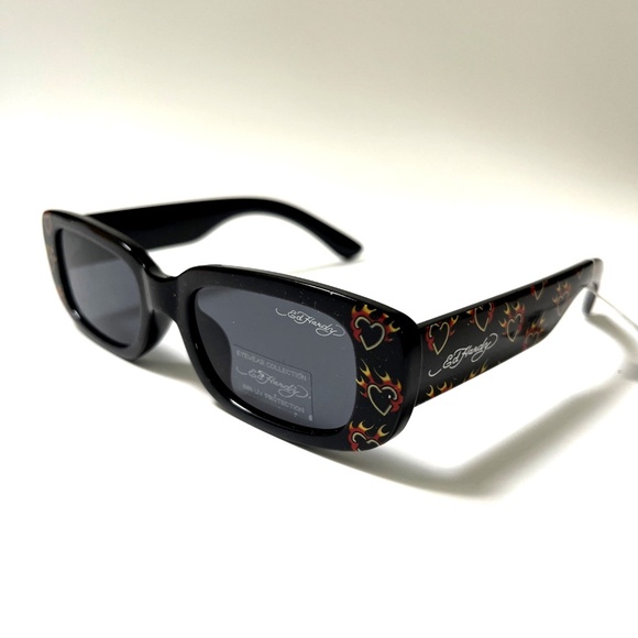 New Original ED HARDY Sunglasses Slim Rectangle Hearts Fire Love Acetate Black main image 6